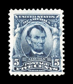304, 5c Blue, well centered within unusually large margins, strong rich color and impression, o.g., n.h., extremley fine 2007 PSE certificate.