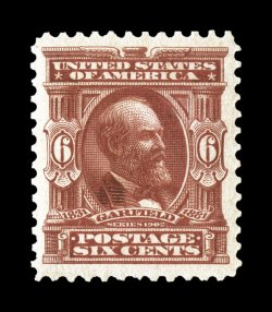305, 6c Claret, an extraordinarily choice mint single, being marvelously well centered within extravagantly large margins which are most uncommon on this value, rich luxuriant
color and a sharp impression, o.g., n.h., an extremely fine gem enca
