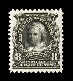 306, 8c Violet black, a superlative mint example that features several impressive physical characteristics, including being impeccably well centered within exceptionally large
margins, in addition its color is incredibly deep and rich, while its