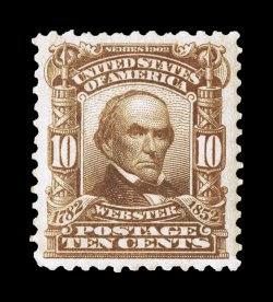 307, 10c Pale red brown, exceptionally large and well balanced margins all around, especially deep color and impression, unblemished o.g., n.h., extremely fine encapsulated PSE
certificate (XF 90 SMQ $600.00)