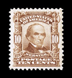 307, 10c Pale red brown, choice centering within exceptionally wide margins, strong rich color and a sharp impression, o.g., faintly hinged, extremely fine 2002 PF
certificate.