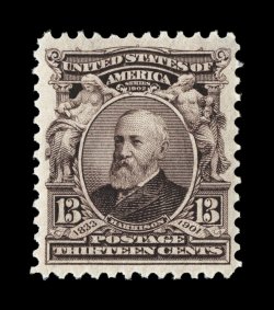 308, 13c Purple black, excellent centering within large margins, strong color and impression, o.g., n.h., extremely fine 2005 PSE certificate.