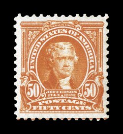 310, 50c Orange, a highly desirable example that is well centered within particularly large margins, deep vivid color and impression, o.g., n.h., extremely fine a very scarce
stamp in this premium never hinged quality encapsulated PSE certific