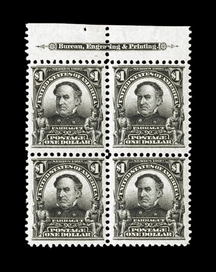 311, $1.00 Black, handsome and desirable top margin imprint block of four, deep intense color and a razor-sharp impression on fresh white paper, attractively centered, o.g.,
never hinged, fine-very fine 2007 PSE certificate cataloged simply as