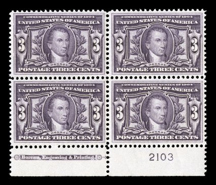 325, 3c Louisiana Purchase, handsome bottom margin imprint and plate no. 2103 block of four, well centered, deeply rich color, pristine o.g., n.h., very fine and choice 2007 PF
certificate.