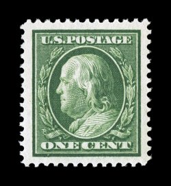 331, 1c Green, a gem mint single that is impeccably well centered amid enormously large margins all around, rich vibrant color and a deeply etched impression, pristine o.g.,
n.h., extremely fine an impressively large-margined stamp 1998 PF cer