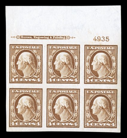 346, 4c Orange brown imperforate, full top margin imprint and plate no. 4935 block of six, rich luxuriant color, large even margins all around, o.g., n.h., trivial corner crease
at top right corner of sheet selvage, still extremely fine ex-Fo