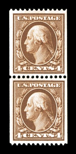 350, 4c Orange brown coil, perf. 12 horiz. pair, particularly well centered and margined, deep rich color, o.g., top stamp l.h., bottom stamp n.h., extremely fine 1980 PF
certificate.