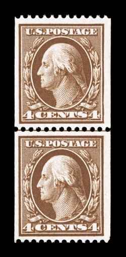 350, 4c Orange brown coil, perf. 12 horiz., scarce guide line pair, well centered within unusually large margins, strong fresh color, o.g., lightly hinged, very fine 1985 PF
certificate.