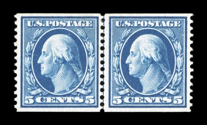 355, 5c Blue coil, perf. 12 vert., scarce guide line pair, well centered, bright color on clean white paper, o.g., very fine 1984 PF certificate.