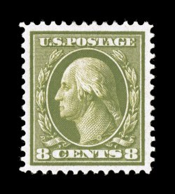 363, 8c Olive green on bluish paper, incredibly well centered within margins that are extravagantly wide, sumptuously rich color and a crisp clean impressions full clean o.g.
that has been only lightly hinged, extremely fine.Of the fewer than