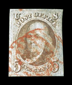 1, 5c Brown, four large margins, warm rich color in the Brown shade, red grid cancels, small thin speck, extremely fine appearance clear 1982 PF certificate.