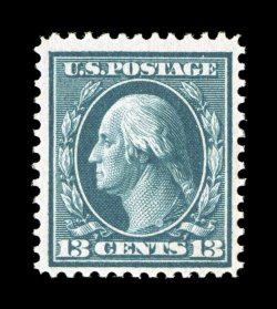 365, 13c Blue green on bluish paper, especially bright and crisp mint single, with sumptuously rich color and a sharp detailed impression, nicely centered, o.g., lightly hinged,
very fine photocopy of a 1984 PF certificate for a block of four,