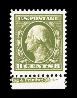 380, 8c Olive green, a beautiful bottom margin partial imprint single, featuring virtually perfect centering amid extraordinarily large margins, plus its color is especially
strong and rich, while its impression is superbly detailed on brilliant