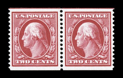 388, 2c Carmine coil, perf. 12 vert., a magnificent mint pair of this rare of often-faked coil, being in a quality that would be nearly impossible to duplicate, with precise
centering amid incredibly large margins that feature the preferred 3mm