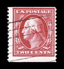 388, 2c Carmine coil, perf. 12 vert., scarce used single, brilliant color, light machine cancel, fine 2007 PSE certificate (Fine 70 SMQ $1,450.00) although this grade may not
seem glamorous, it is currently the highest graded used 388 in t