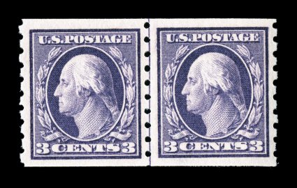 394, 3c Red violet coil, perf. 8 12 vert., guide line pair, quite well centered within large margins, rich color in the Red violet shade (although certificate lists it as the
generic Deep violet), o.g., n.h., very fine 1990 PF certificate.