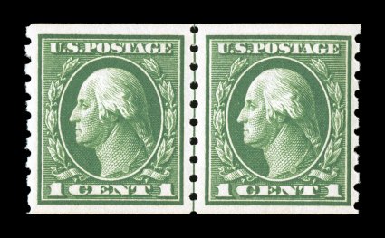 412, 1c Green coil, perf. 8 12 vert., guide line pair, attractively centered, rich color, o.g., n.h., choice very fine 1981 PF certificate and a 2006 PF certificate (VF-XF 85
SMQ $385.00).