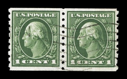 412, 1c Green coil, perf. 8 12 vert., used pair, exceptionally well centered, strong rich color, uncommonly light machine cancel, extremely fine 2007 PSE certificate (XF 90 SMQ
$290.00).