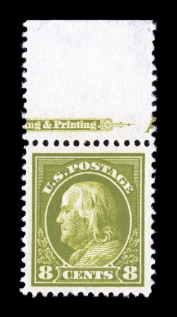 414, 8c Pale olive green, top sheet-margin partial imprint single, wonderfully well centered amid especially wide margins, lovely rich color and a crisp impression, o.g., n.h.,
extremely fine 1987 PF certificate for the plate block from which t