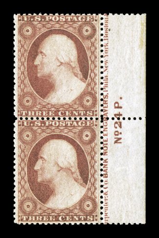 26, 3c Dull red, Ty. II, right margin imprint and plate No. 24P. pair, excellent centering, strong rich color, pristine o.g., never hinged, extremely fine a lovely plate number
pair 1987 PF certificate for the strip of four from which this c