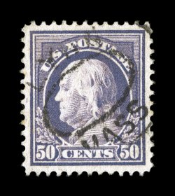 422, 50c Violet, double line watermark, a highly desirable used example, wonderfully well centered and margined, rich bright color, light oval cancel, extremely fine actually a
challenging stamp to find in this premium used quality 2007 PSE ce