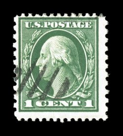 423A, 1c Green, perforated 12x10, a fresh example of this very rare compound perforation, with deep color and a sharp impression on bright paper, centered a bit to the top and
left, but with the design completely clear of the perforations , smal