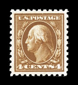 427, 4c Brown, a perfect mint example that features mathematically precise centering within wide margins, luxuriously rich color and well incised impression, unusually even and
intact perforations for a perf. 10 stamp, unblemished o.g., n.h.,