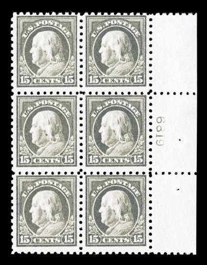 437, 15c Gray, right margin plate no. 6819 block of six, strong rich color, o.g., l.h., fine.