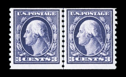 445, 3c Violet flat plate coil, perf. 10 vert., guide line pair, deep vibrant color, o.g., barest trace of hinging (if any), nearly very fine 1986 PF certificate (never hinged
by omission).