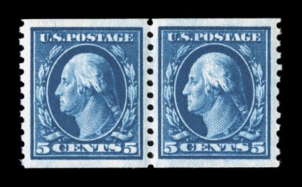 447, 5c Blue flat plate coil, perf. 10 vert., an incredible mint pair that is the epitome of perfection, featuring mathematically precise centering amid lavishly large margins,
spectacular deep intense color and an impression that would rival an