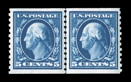 447, 5c Blue flat plate coil, perf. 10 vert., guide line pair, uncommonly well centered within large margins, deeply rich color and a well incised impression on fresh white
paper, o.g., n.h., very fine and choice 1979 PF certificate.