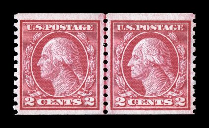 454, 2c Red rotary coil, Ty. II, perf. 10 vert., joint line pair, attractively centered, bright color, o.g., n.h., very fine 1992 PF certificate for the line strip of four from
which this came.