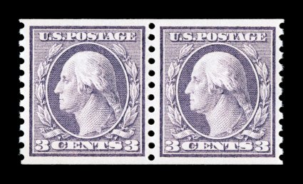 456, 3c Violet rotary coil, Ty. I, perf. 10 vert., select quality mint pair, exceptionally well centered, uncommonly bright and fresh, unblemished o.g., n.h., extremely fine and
handsome 2007 PSE certificate (XF 90 SMQ $2,350.00).