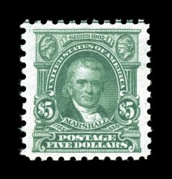 480, $5.00 Light green, exceptionally well centered within wide margins, strong rich color and a sharp impression, o.g., n.h., extremely fine 2007 PSE certificate (VF-XF 85 SMQ
$640.00).
