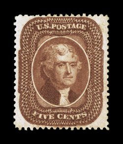 30, 5c Orange brown, Ty. II, a wonderfully choice mint single, being extraordinarily well centered within lavishly large margins, deep prooflike color and impression, full o.g.,
lightly hinged, extremely fine an especially very scarce stamp in