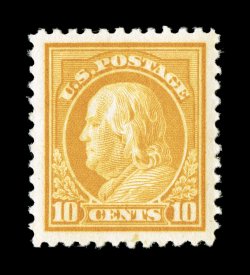 510, 10c Orange yellow, extraordinarily well centered within especially large margins, brilliant color, o.g., n.h., extremely fine and choice 1997 PF certificate and a 2007 PSE
certificate (XF-Superb 95 Jumbo SMQ $450.00 for 95 and $1,350.00 f