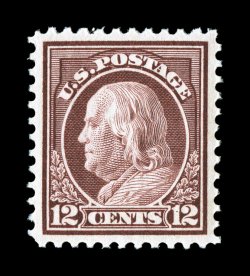 512, 12c Claret brown, marvelously well centered within large margins, rich fresh color, flawless o.g., n.h., extremely fine gem an especially desirable example 2007 PSE
certificate (Superb 98 SMQ $800.00).