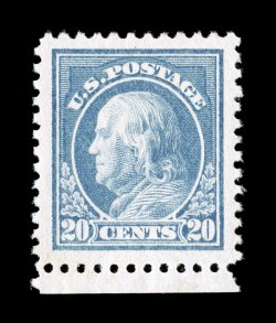 515, 20c Light ultramarine, a spectacular bottom sheet-margin single, featuring absolutely enormous margins all around and being incredibly well centered within these vast
borders, strong color and impression as well, unblemished o.g., n.h., sup