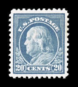 515, 20c Light ultramarine, well centered within large margins, strong color and impression, o.g., n.h., extremely fine 2002 PSE certificate (XF 90 SMQ
$295.00).