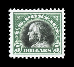 524, $5.00 Deep green and black, a magnificent mint example of this high value, possessing mathematically precise centering within lavishly large margins, plus its colors are
especially rich and fresh, flawless o.g., n.h., an extremely fine gem