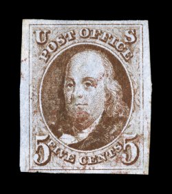 1, 5c Red brown, used, four full to very large margins, rich bright color and a clean impression, unusually light red grid cancel, choice very fine 1994 PSE
certificate.