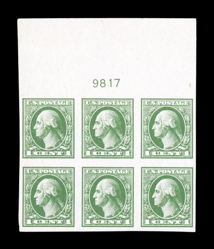 531, 1c Green offset imperforate, matched set of four plate no. 9817 blocks of six, large margins, fresh colors, o.g., the right margin plate block is n.h., very fine
ex-Saddleback.