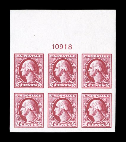 532, 2c Carmine rose, Ty. IV, gem full top margin plate no. 10918 block of six, with an extra-large sheet selvage, other three margin exceedingly large and balanced, gorgeous
rich color and an intense impression, unblemished o.g., n.h., extremel