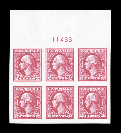 534, 2c Carmine offset imperforate, Ty. Va, matched set of four plate no. 11433 blocks of six, large to extra-large margins, bright colors, o.g., two n.h. and two l.h., very
fine-extremely fine ex-Saddleback.