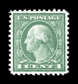 545, 1c Green coil waste, an extraordinarily choice mint example of this difficult coil waste stamp, being remarkably well centered within much larger margins than normally
found, lovely fresh color on bright paper, o.g., n.h., extremely fine a