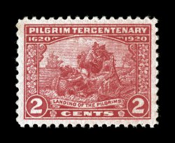 549, 2c Pilgrim Tercentenary, especially well centered within exceptionally large margins, deeply rich color, o.g., n.h., extremely fine 2007 PSE certificate (XF-Superb 95 SMQ
$275.00).