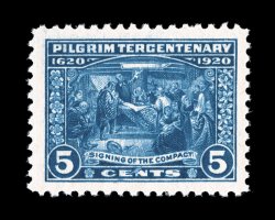 550, 5c Pilgrim Tercentenary, huge jumbo margins all around, exceptionally well centered within them, brilliantly rich color, o.g., n.h., extremely fine an eye-catching stamp
1988 PF certificate.