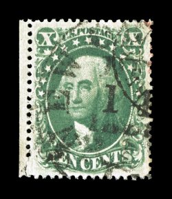 33, 10c Green, Ty. III, used left sheet-margin single, uncharacteristically well centered and margined, rich fresh color, black town cancel and a tiny bit of a red transit pmk.
at top right, extremely fine a particularly handsome stamp 1989 PF