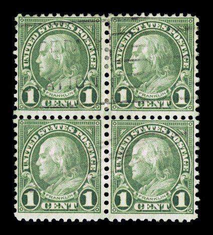 578, 1c Green coil waste, very scarce used block of four, deep intense color, when cancelled the cover that this was on was run through a machine receiving slogan cancel on the
top pair, a postal official then used a pencil to cancel the bottom